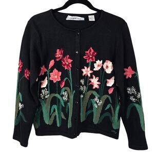 Vintage 90s Claire Murray Cardigan Womens S Black Floral Embellished Cottagecore